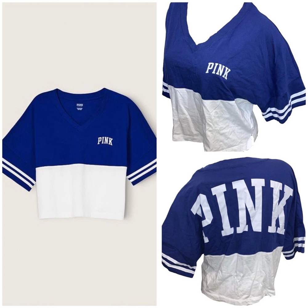 NWT VS Victoria’s Secret Pink Varsity Crop V-Neck Tee Blue White Color Block XXL